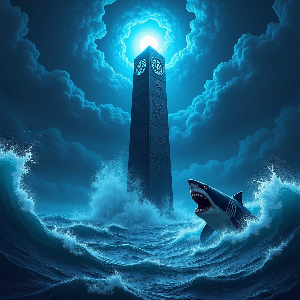 Evil Obelisk emerging from the bottom of the ocean