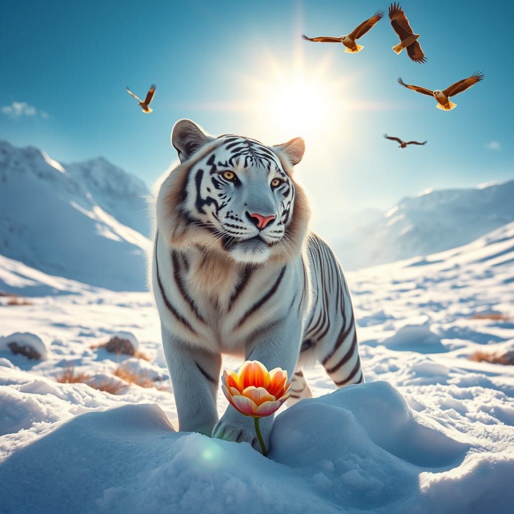 Majestic White Tiger in Tibet's Snowy Mountains