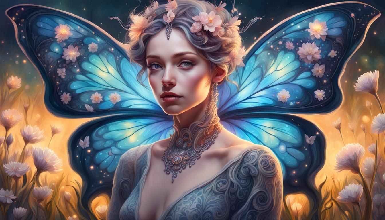 Fantasy Butterfly Woman in Moonlit Flower Field