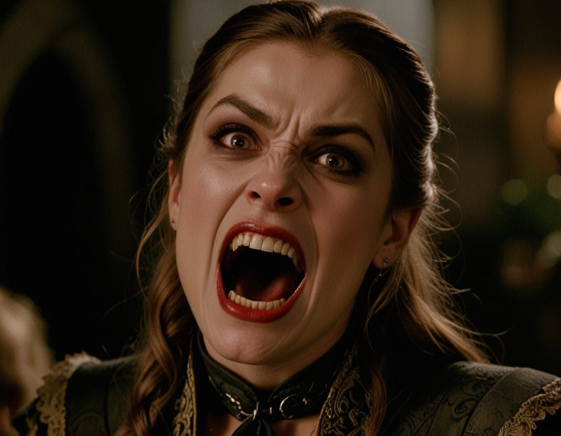 Freya Allan as a Ferocious Vampire in Dark Fantasy Style