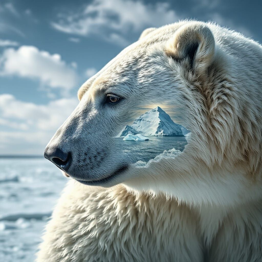 Double exposure close up profile portrait painting of a Polar Bear with the the arctic in the Polar Bear, dual exposure....