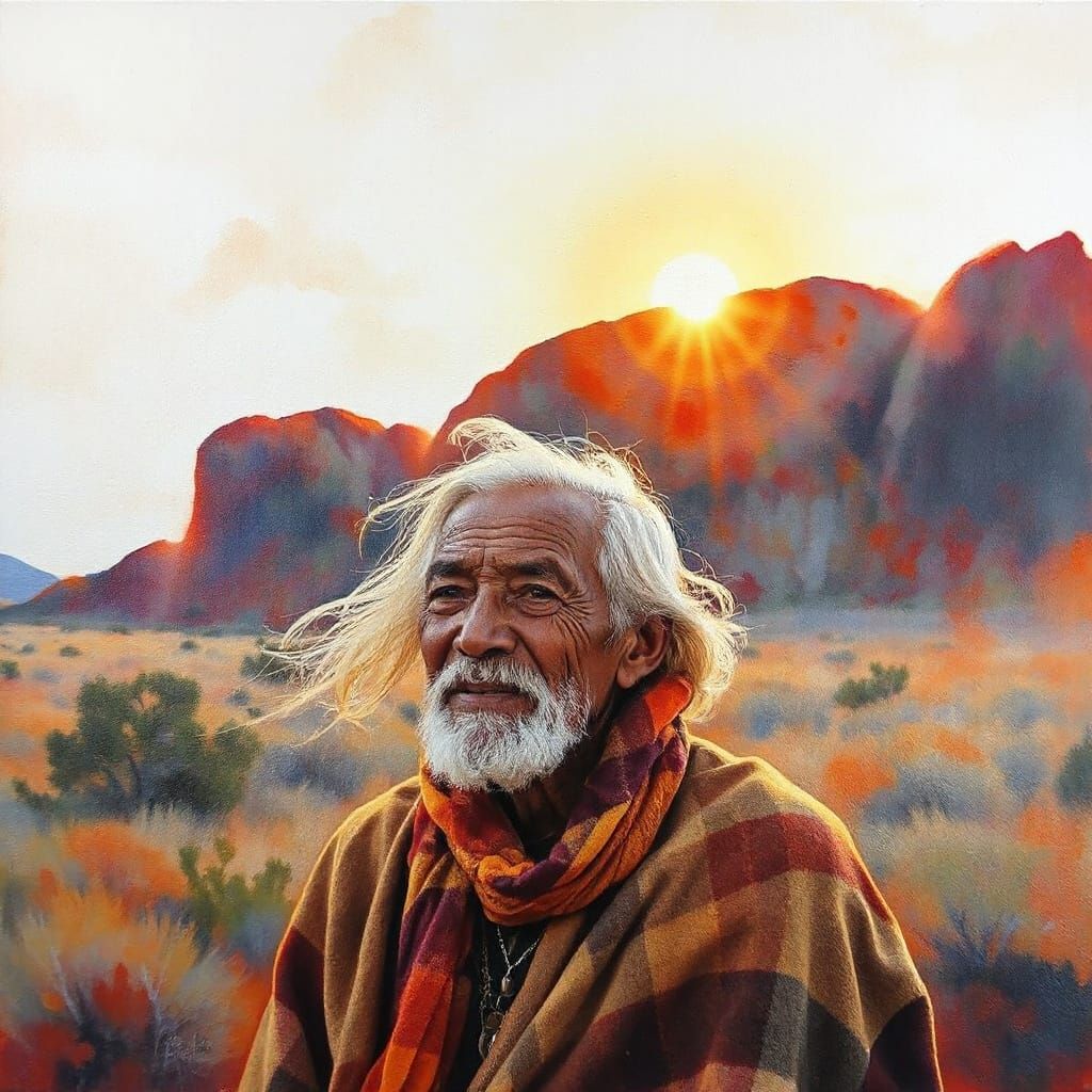 Ethereal Aboriginal Elder in Ancient Sandstone Sunrise