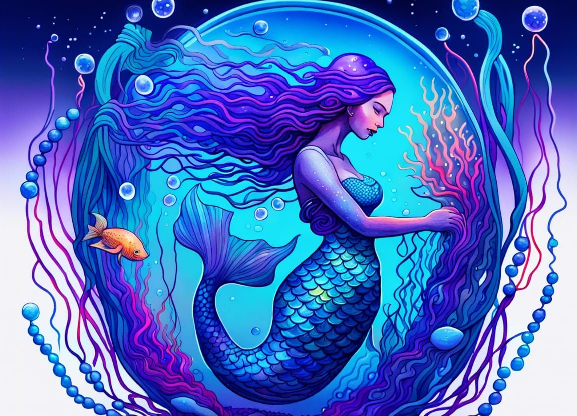 Trapped Mermaid in Surreal Underwater Astral Art
