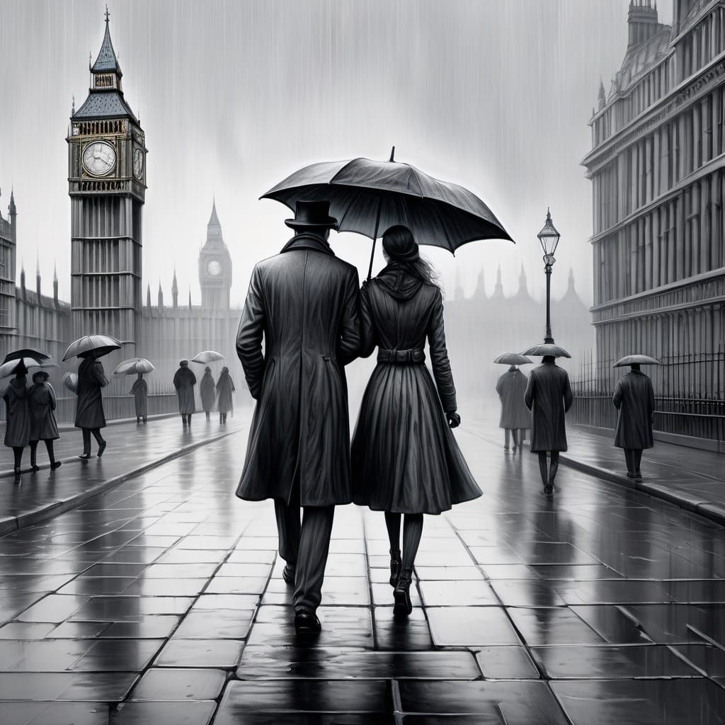 Victorian Couple on Rainy London Street in 3D Pencil Style