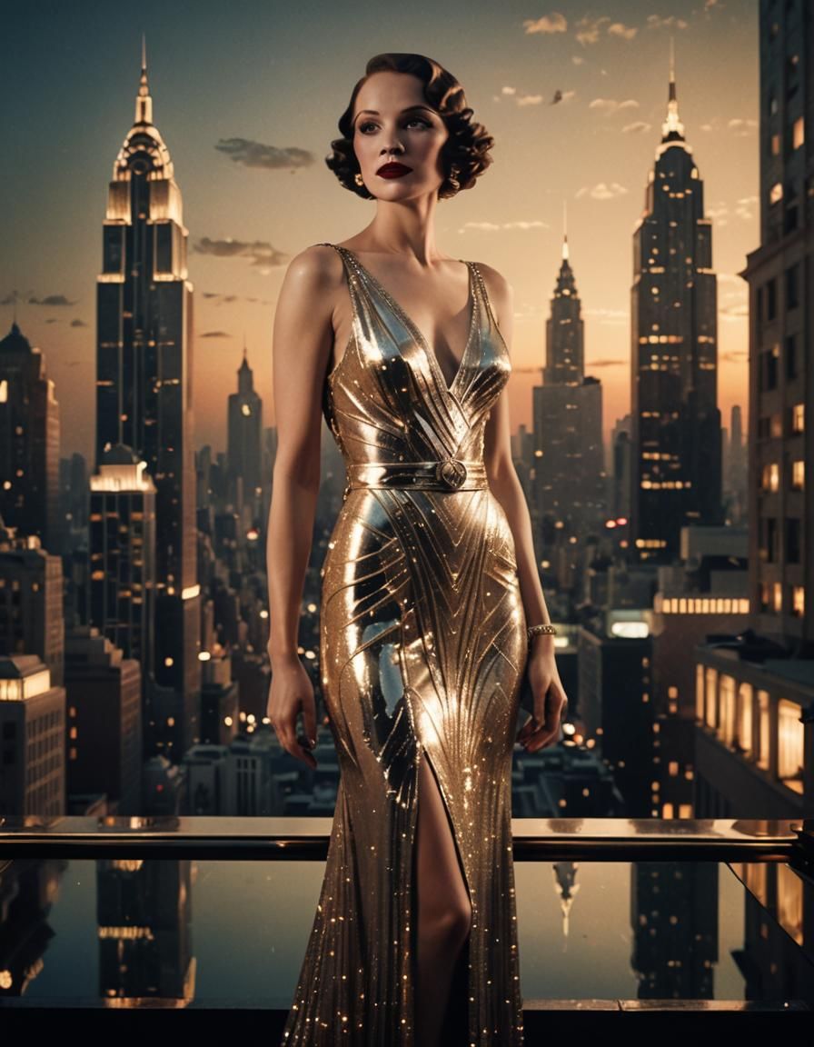 Glamorous Woman in Art Deco Cityscape
