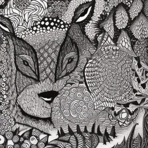 Little Red Ridinghood and Wolf in Zentangle Fantasy