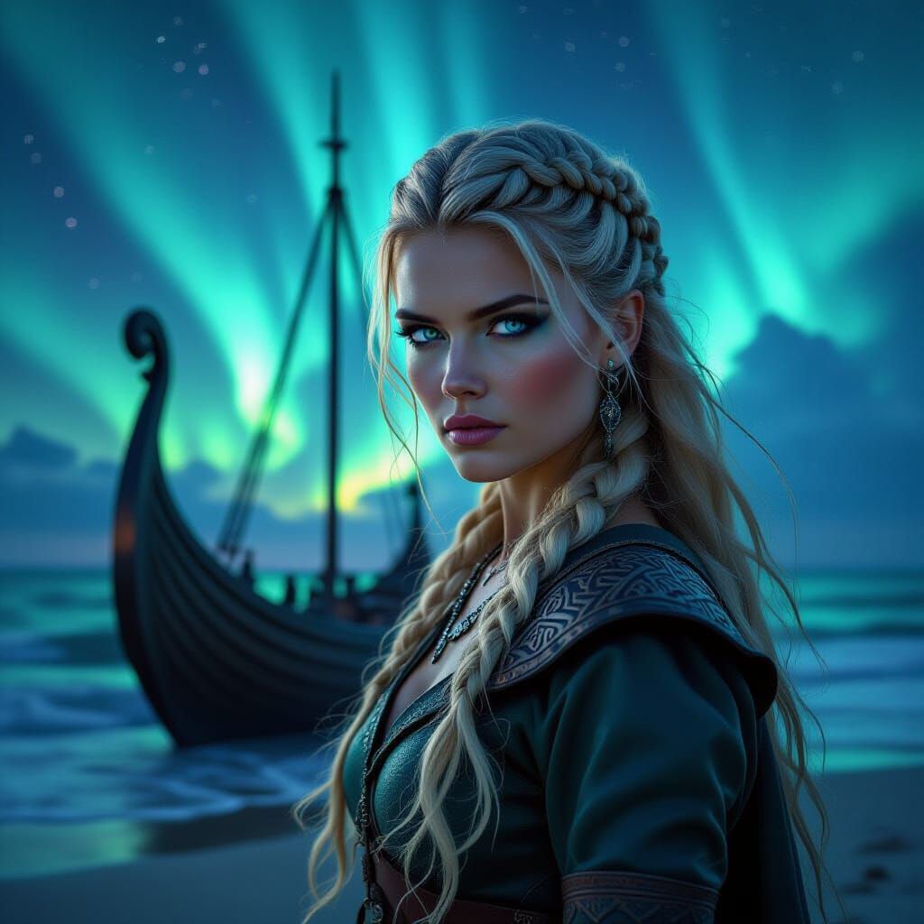 Fierce Viking Norse Woman Under Aurora Borealis