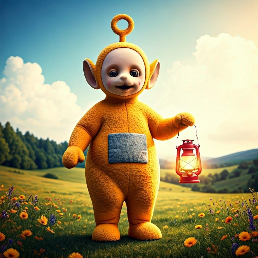 Teletubby in Gold Jeans with Lantern, Folk Art Style