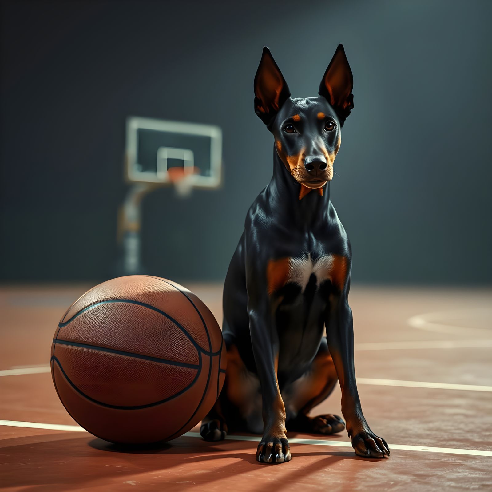 Doberman on Basketball Court in Hyperrealistic Style