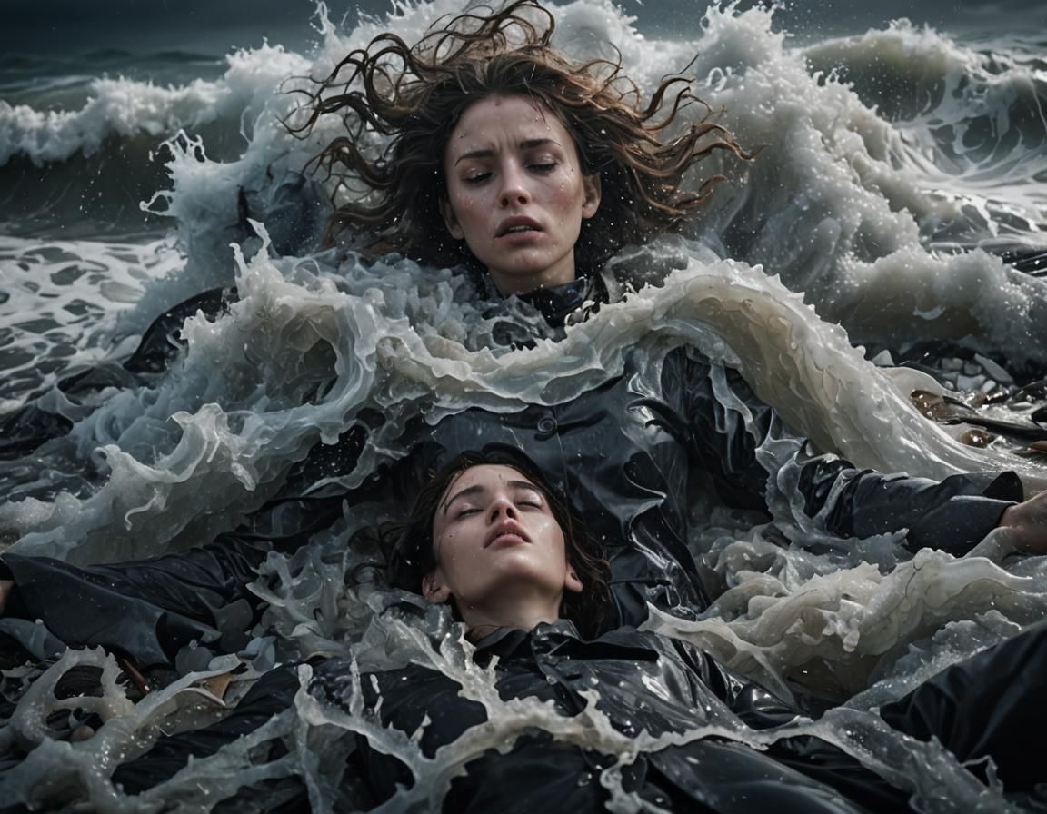 Desperate Survivor in Turbulent Stormy Sea