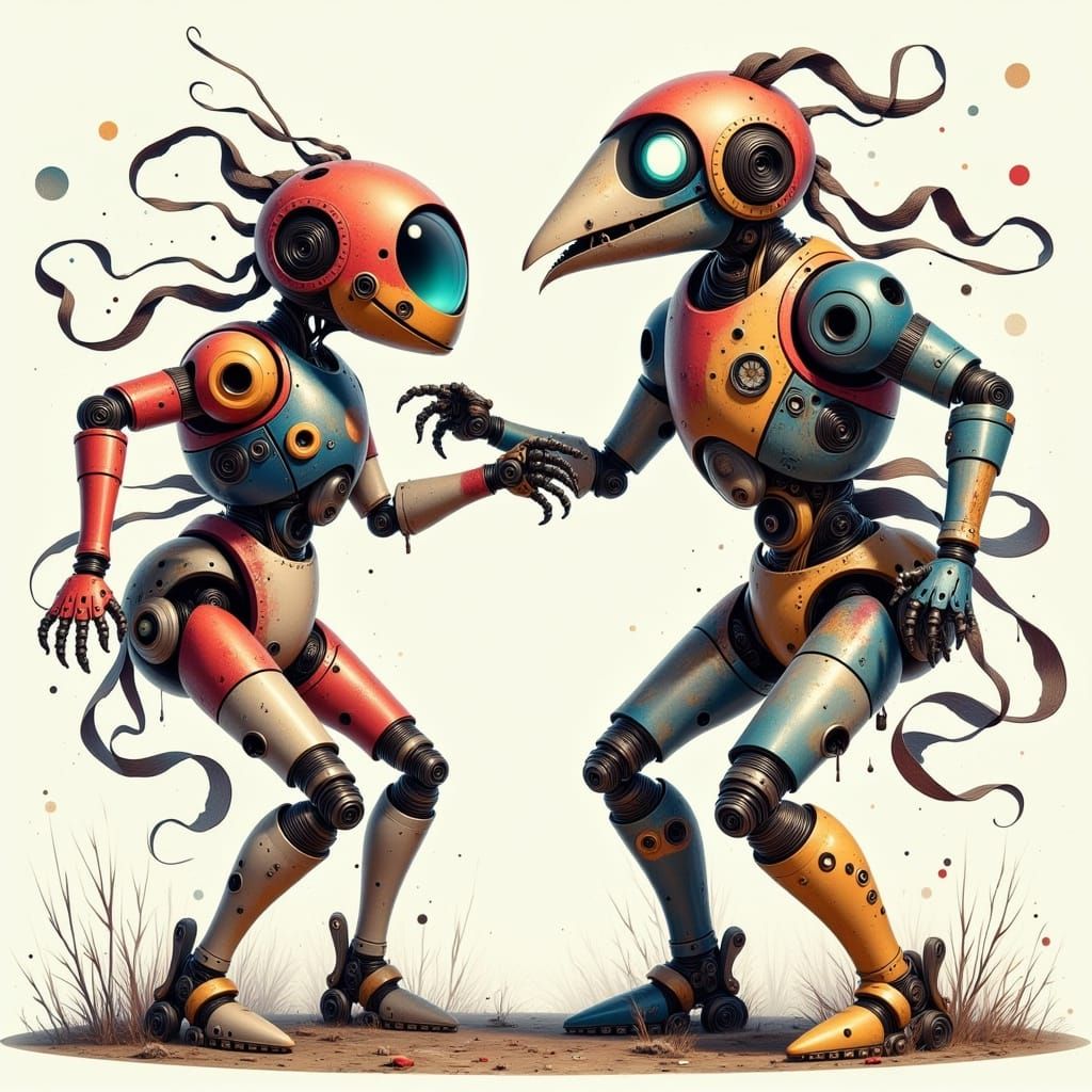 Robots Dancing in a Whimsical Cyberpunk Aesthetic