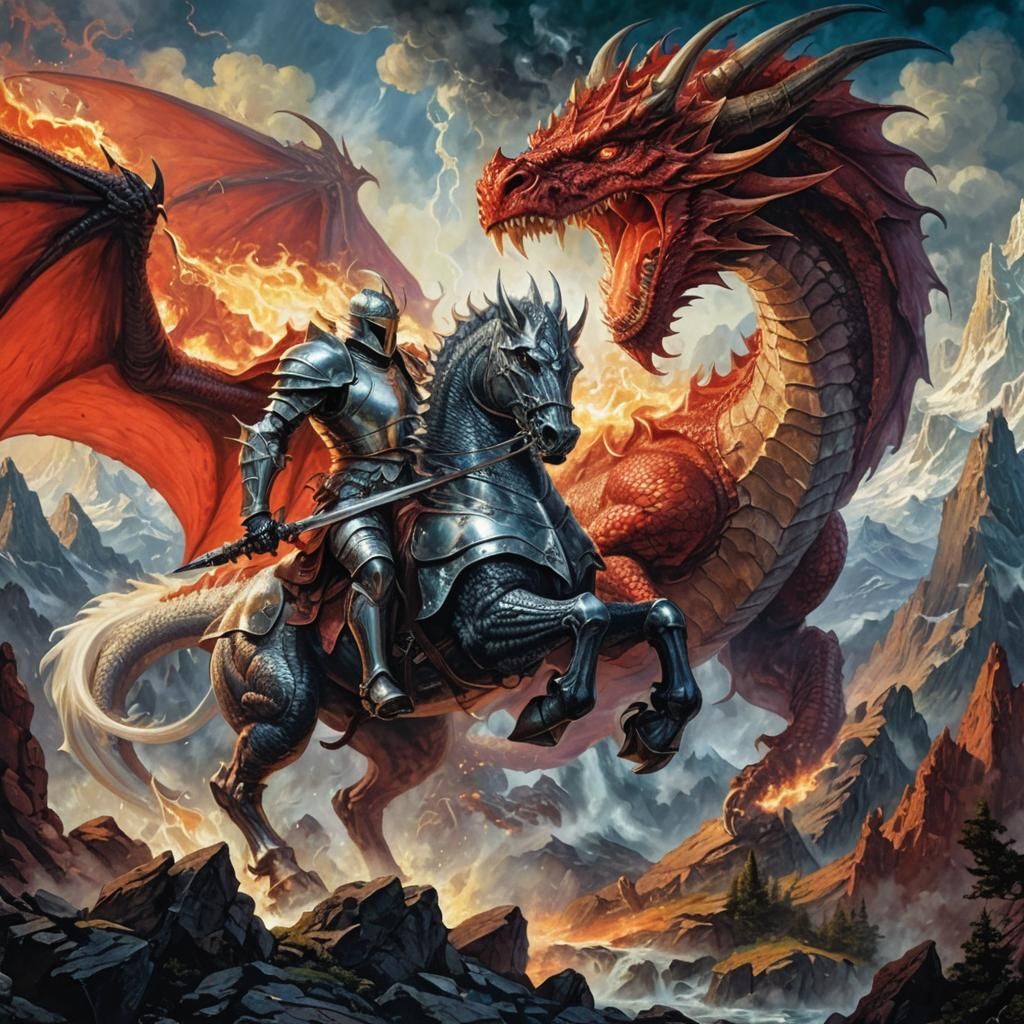 Red Dragon Fires on Armored Paladin: Epic Fantasy Art