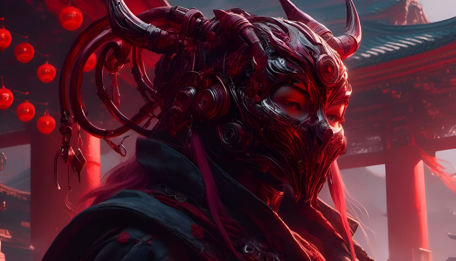 Dark Fantasy Demon Girl with Red Mask