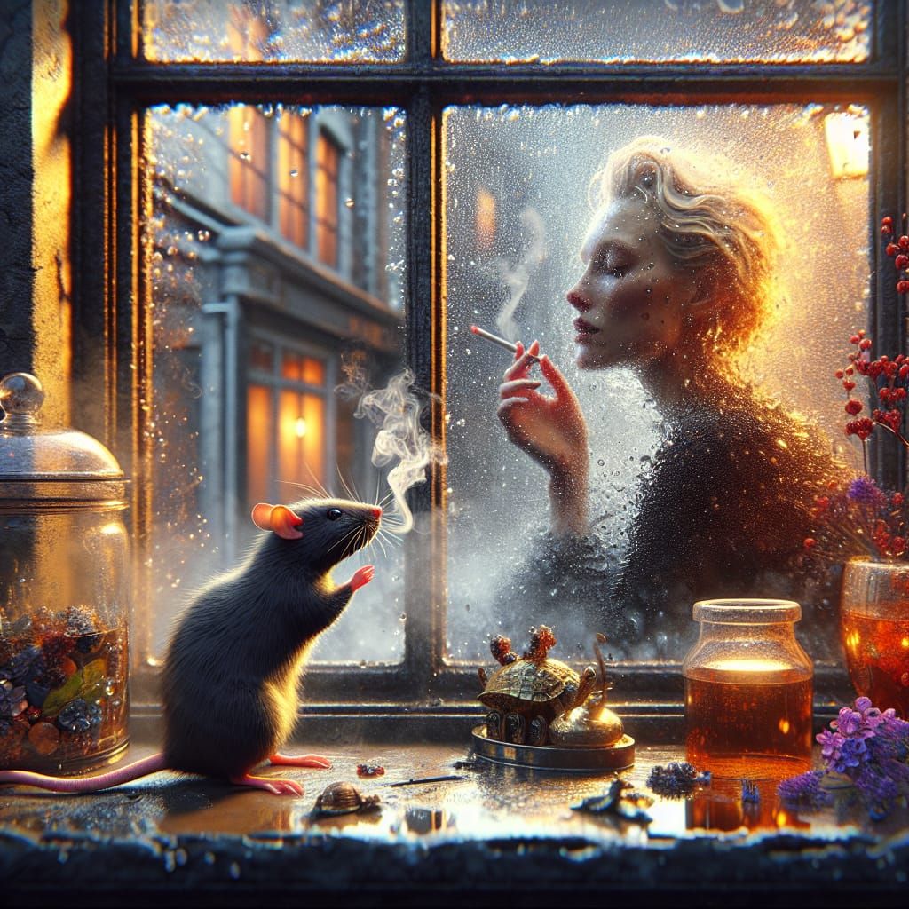 Rat Smokes Cigarette Watching Woman Shower in Matte Painting...