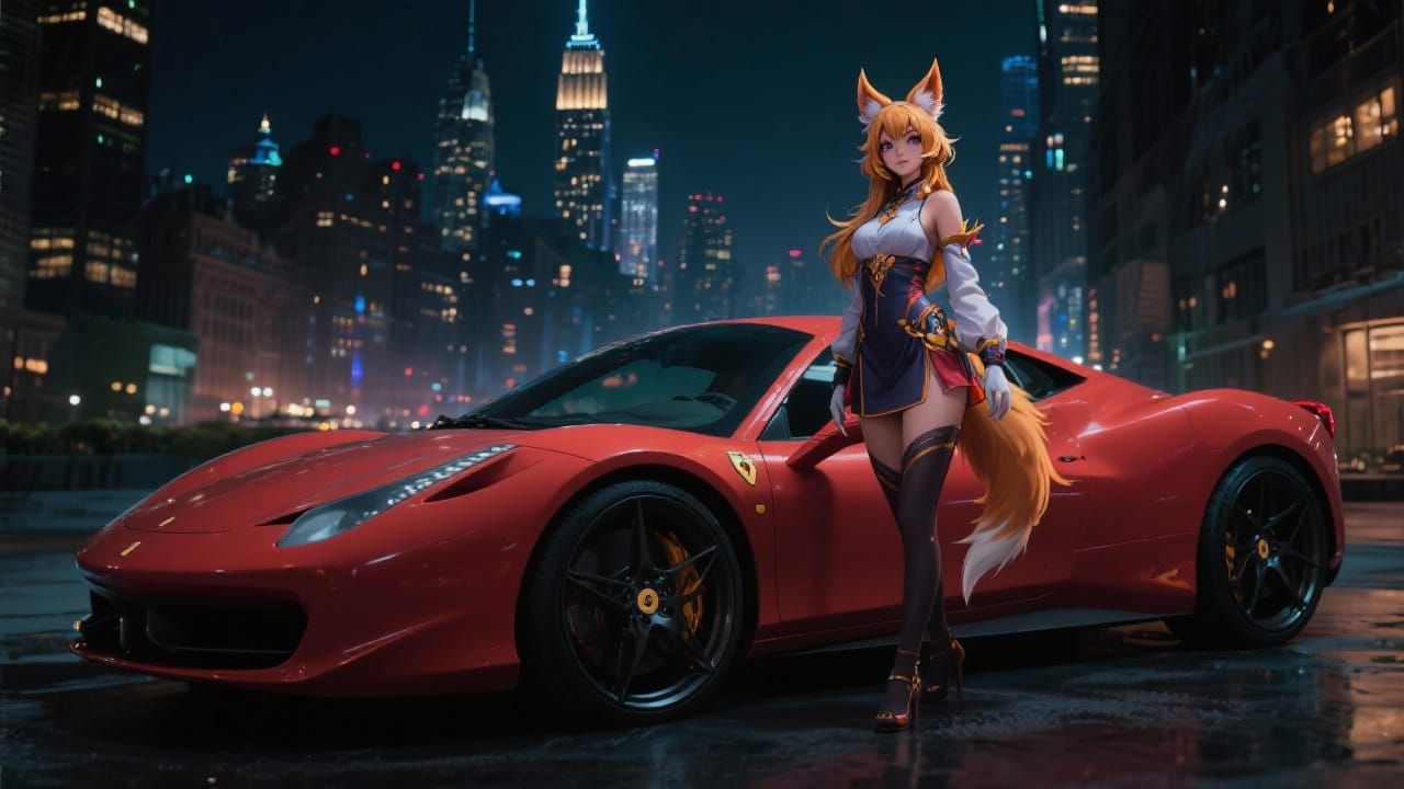 Ahri in Gotham City with Ferrari