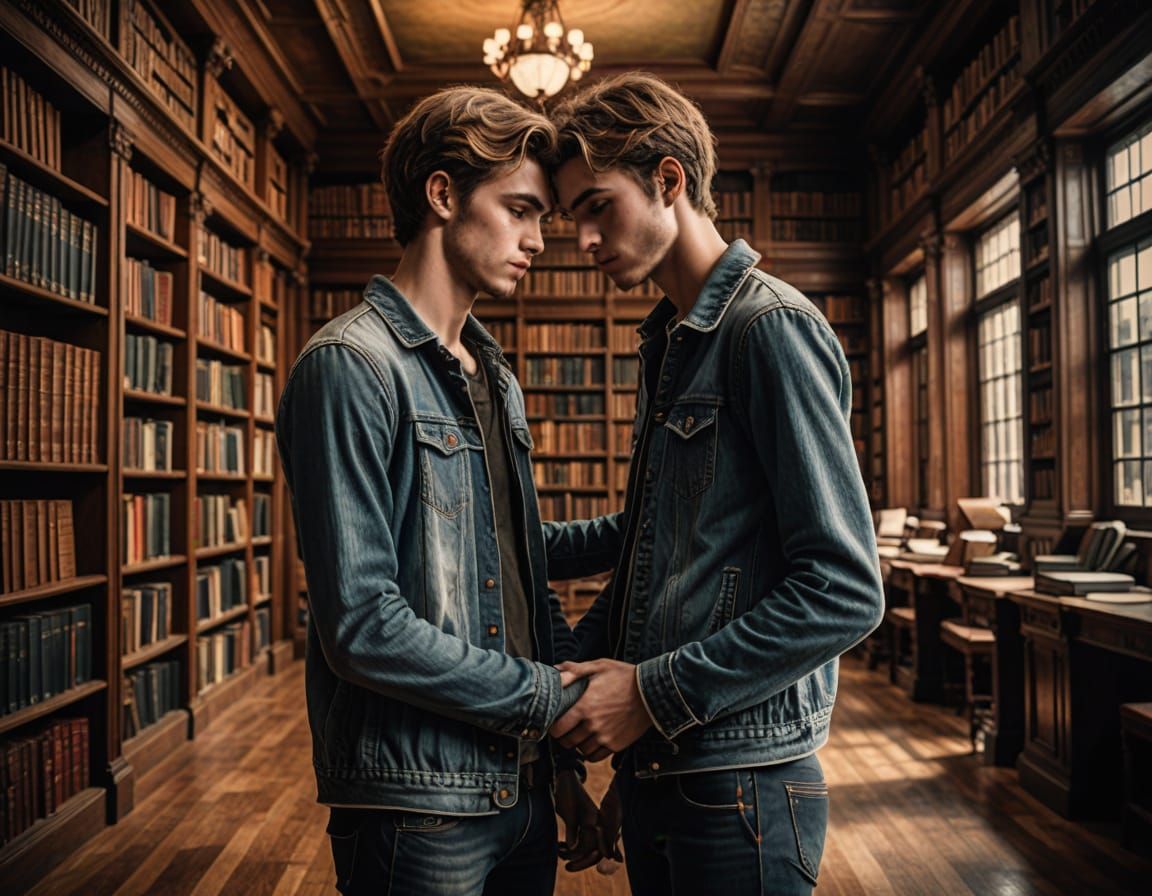 Men Hugging in Library, Hyperrealistic Detail