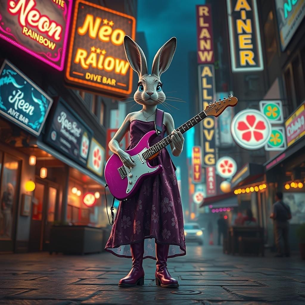 Cyberpunk Rabbit Woman Performing at Neon Rainbow