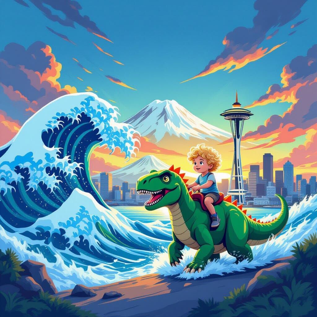 Boy Rides Dinosaur Before Seattle Skyline with Mount Rainier