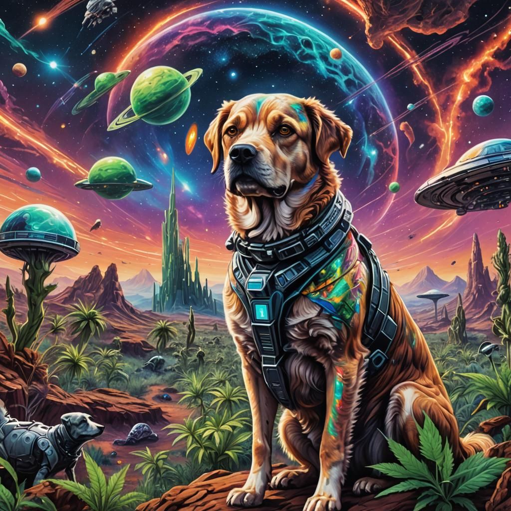 Interstellar Cannabis Dog with Aliens: Astral Illustration