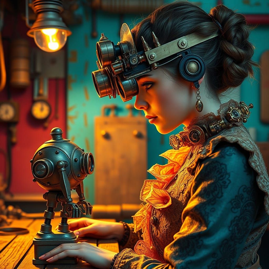 Steampunk Inventor Lady Inspects Mechanized Droid in Golden....