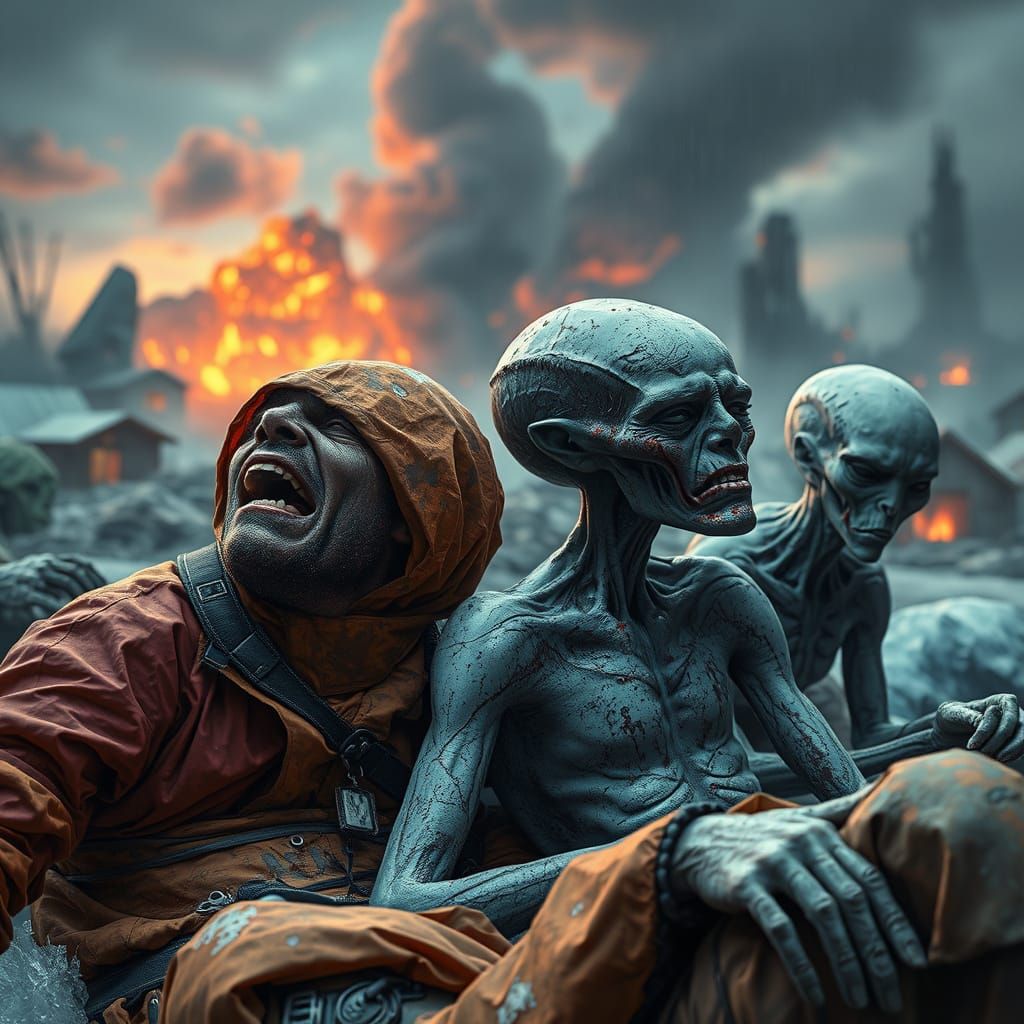 Surreal Apocalyptic Camping Scene with Humans and Aliens