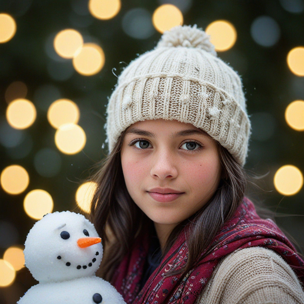 Winter Wonderland Portrait of a Small Girl Building a Snowma...