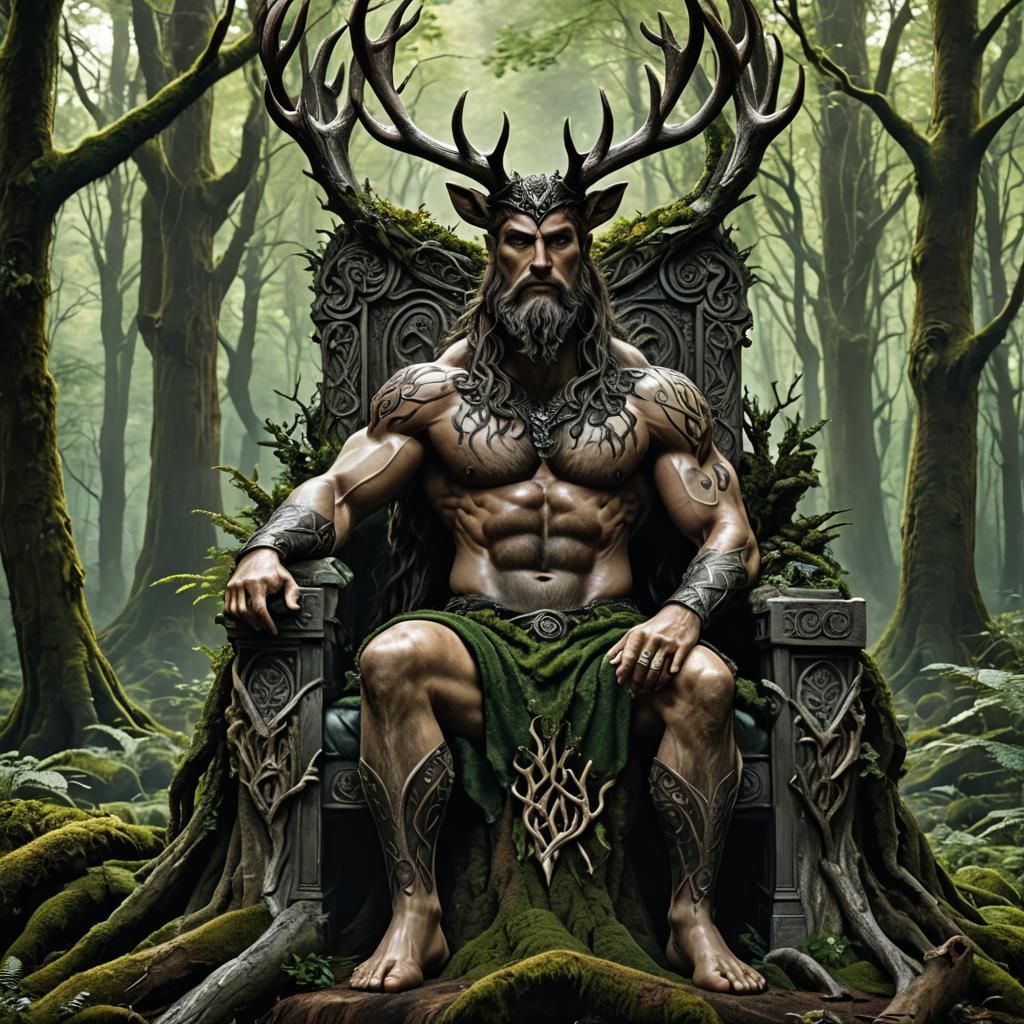 Majestic Cernunnos Enthroned in Mystical Forest: Alcohol Ink