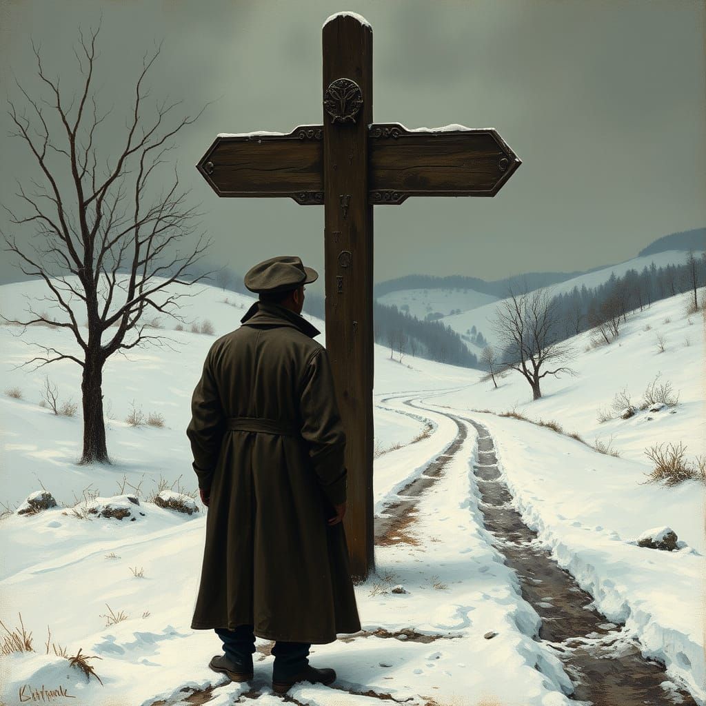 Contemplative Figure at Snowy Crossroads in Romantic Style