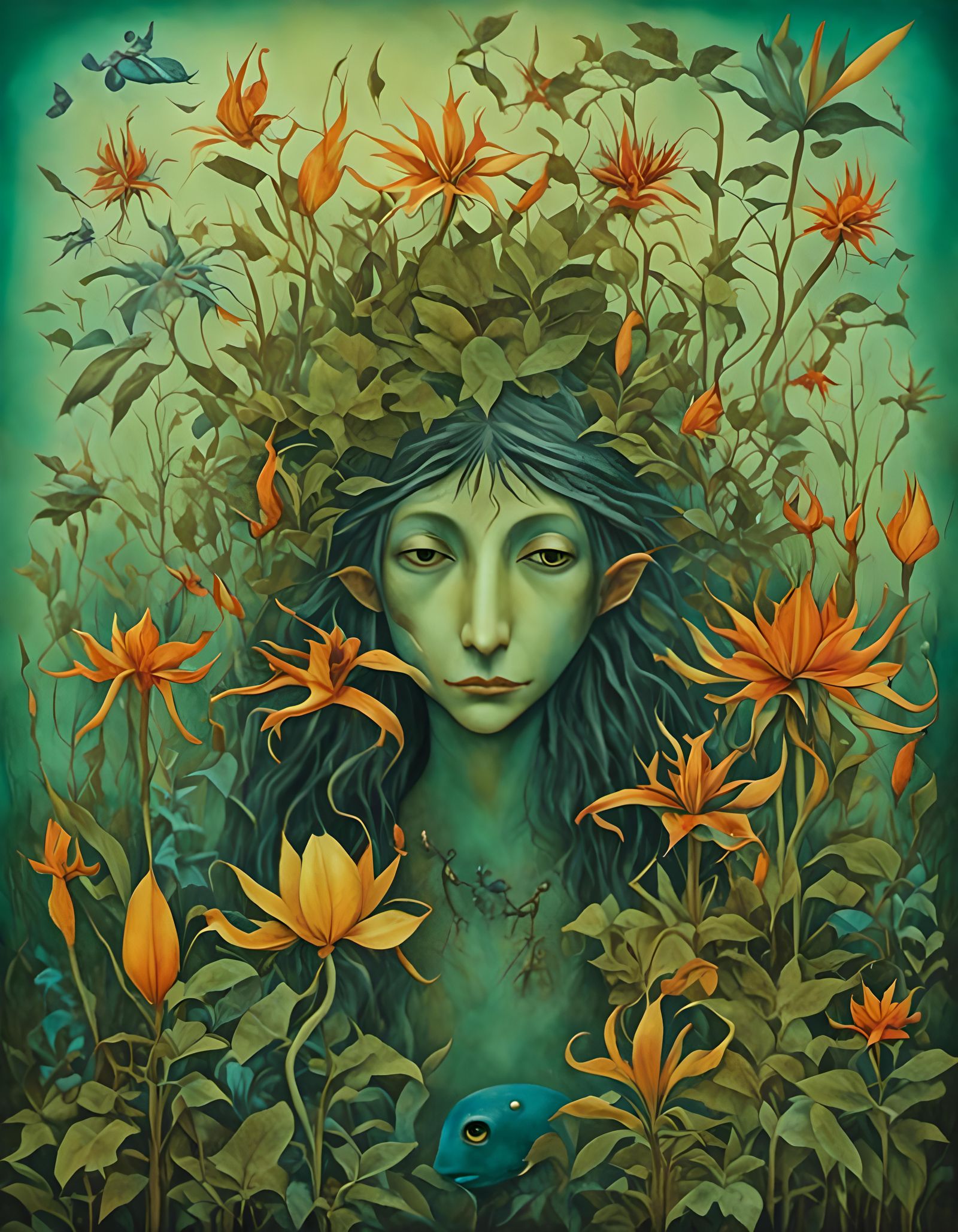 Strange Creatures in a Tropical Garden in Watercolor Style