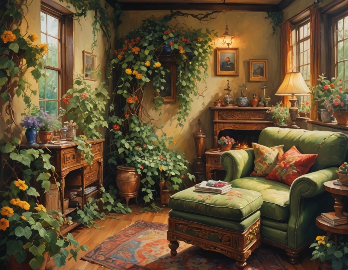Cozy Room Interior with Vines in Impressionist Oil Painting