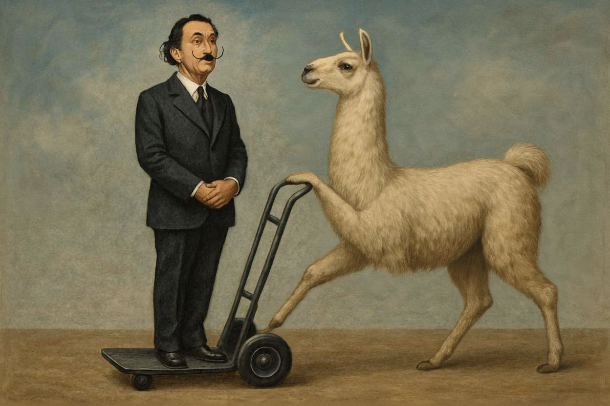 Salvador Dali Rides a Llama-Powered Dolly