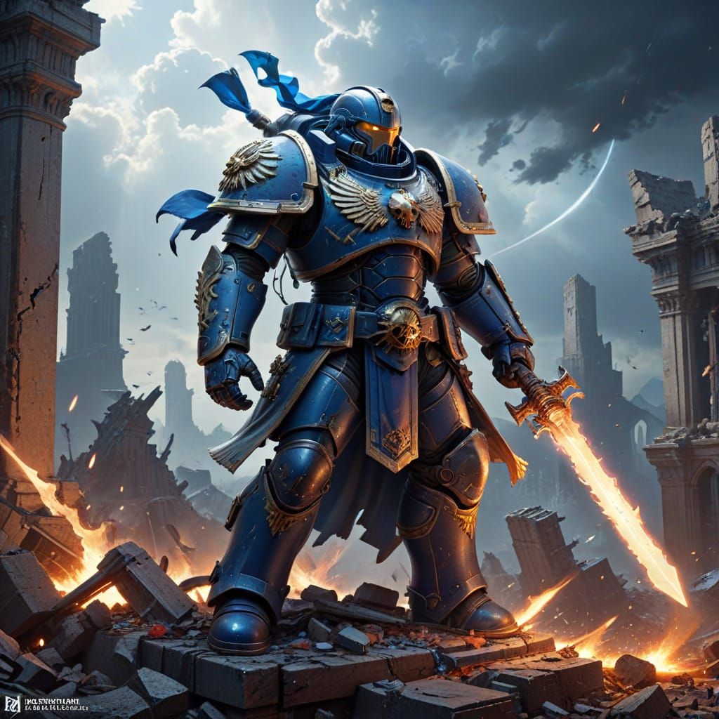 Cyberpunk Space Marine Hero in Ruined City