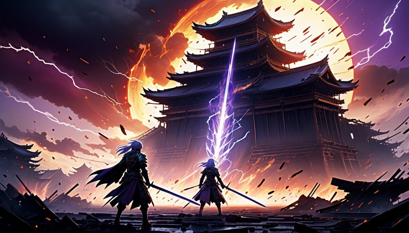 Anime Warriors Clash Under Crimson Sky