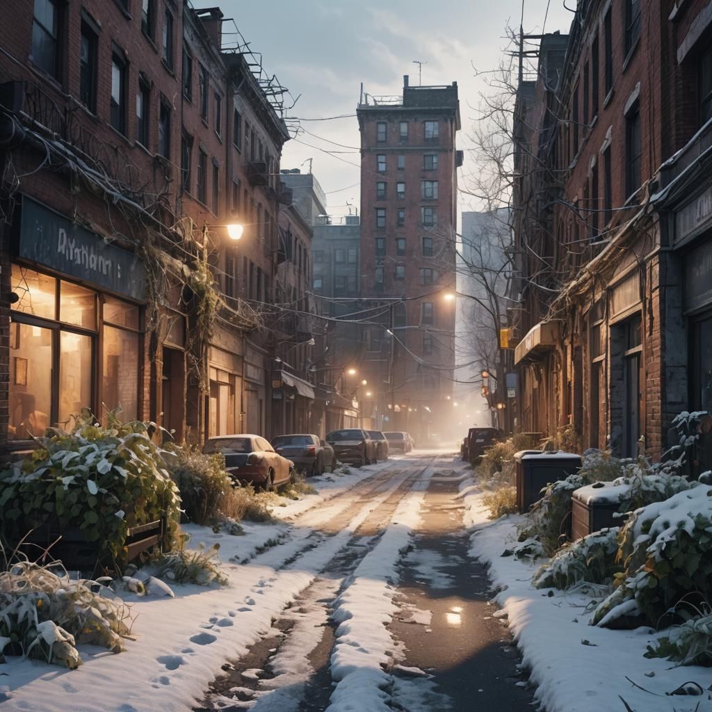 Frosty Winter Cityscape in Hyperrealistic Detail