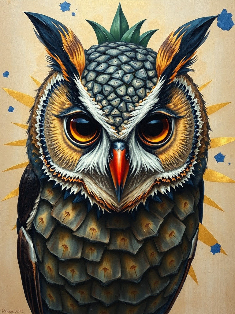 Exotic Pineapple Owl in Vibrant Oil Painting