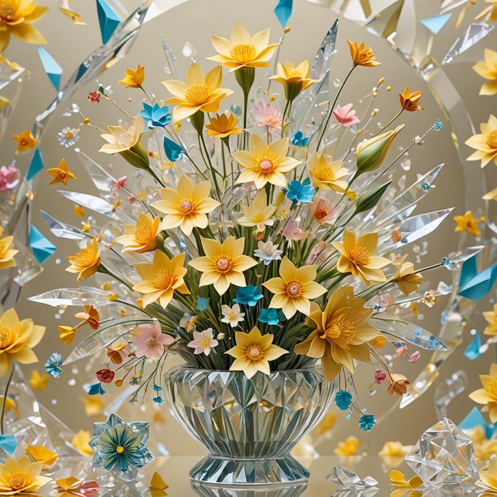 Glass Flowers in Crystal Vase with Origami Details