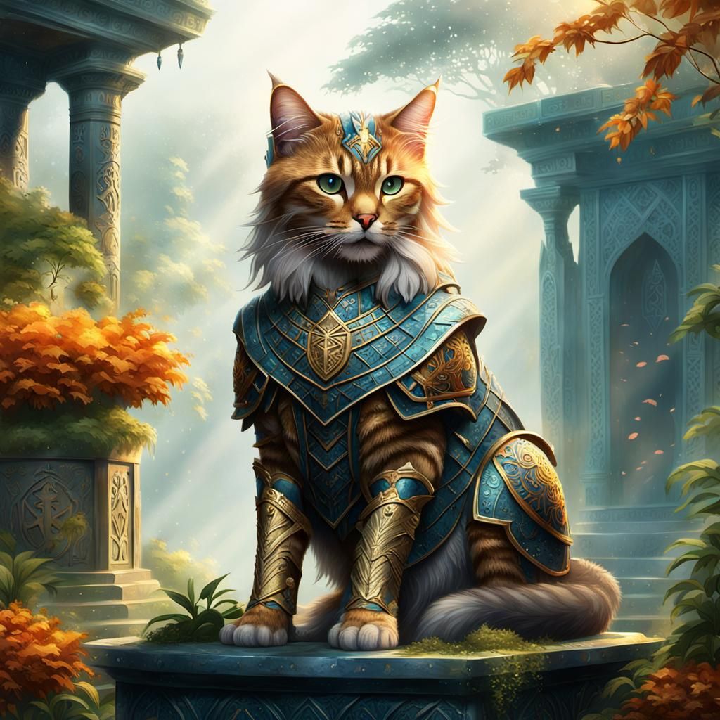 Regal Armored Cat on Misty Pedestal