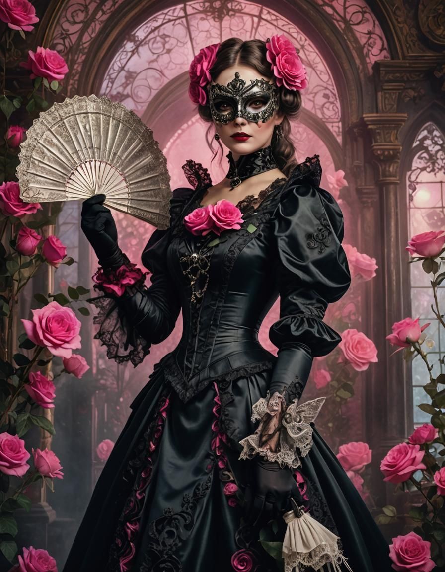 Victorian Gothic Woman with Roses in Pre-Raphaelite Style