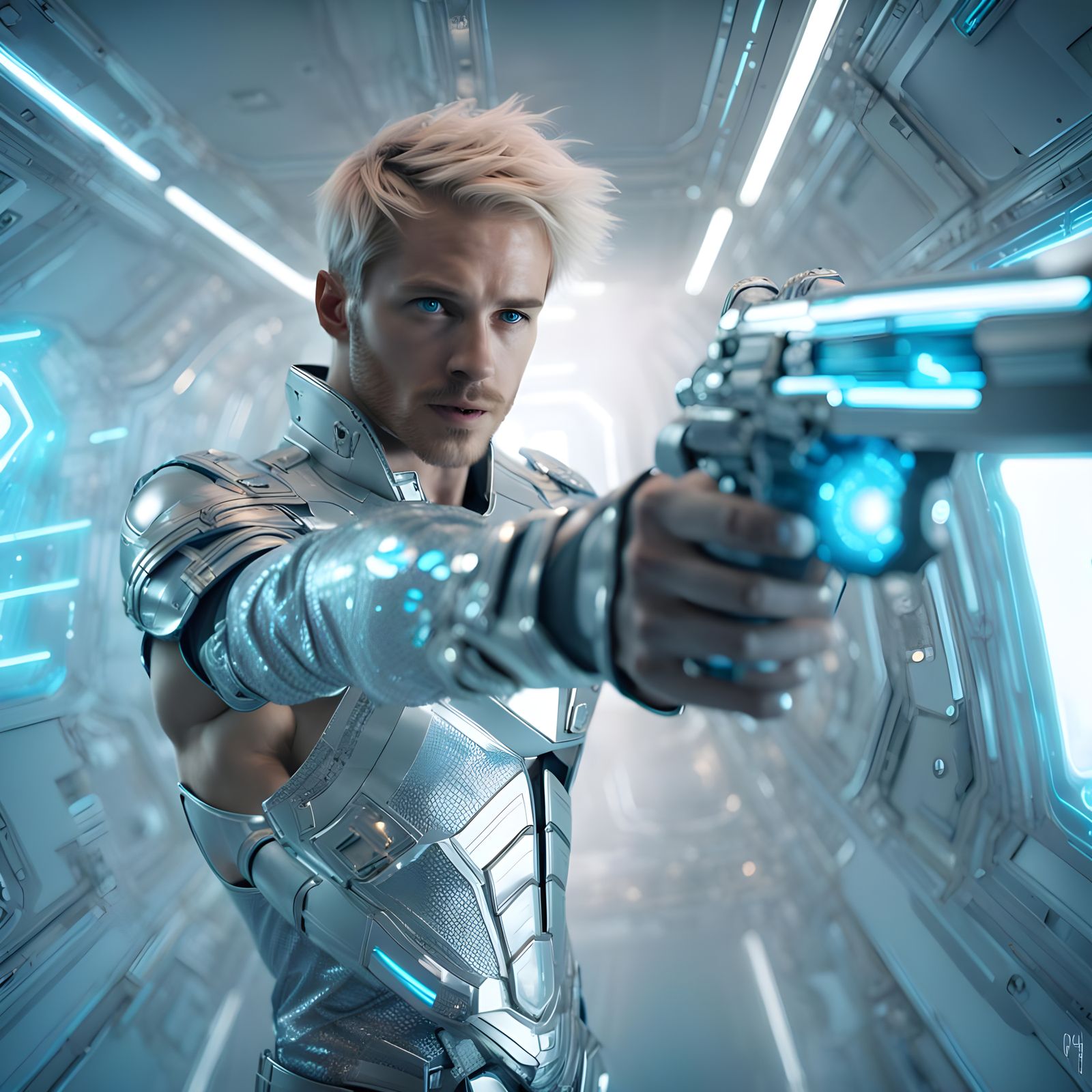 Epic Digital Painting of Handsome Blond Warrior in Futuristi...
