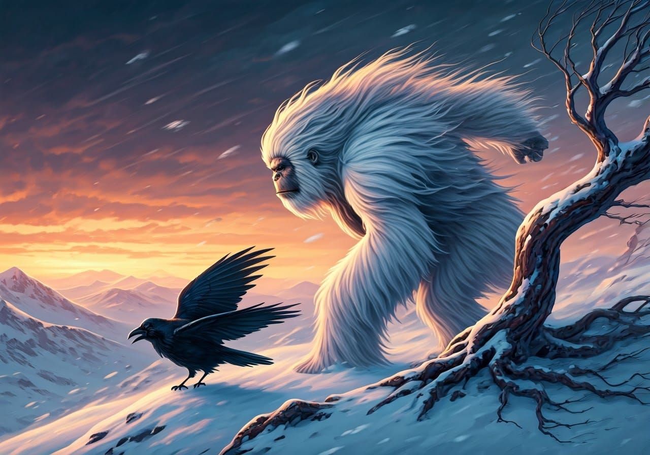 Yeti and Raven Defy the Fierce Mountain Storm