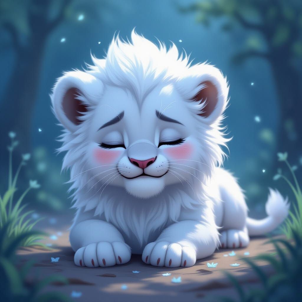 Mystical White Lion Cub Warrior with Ice-Blue Hair
