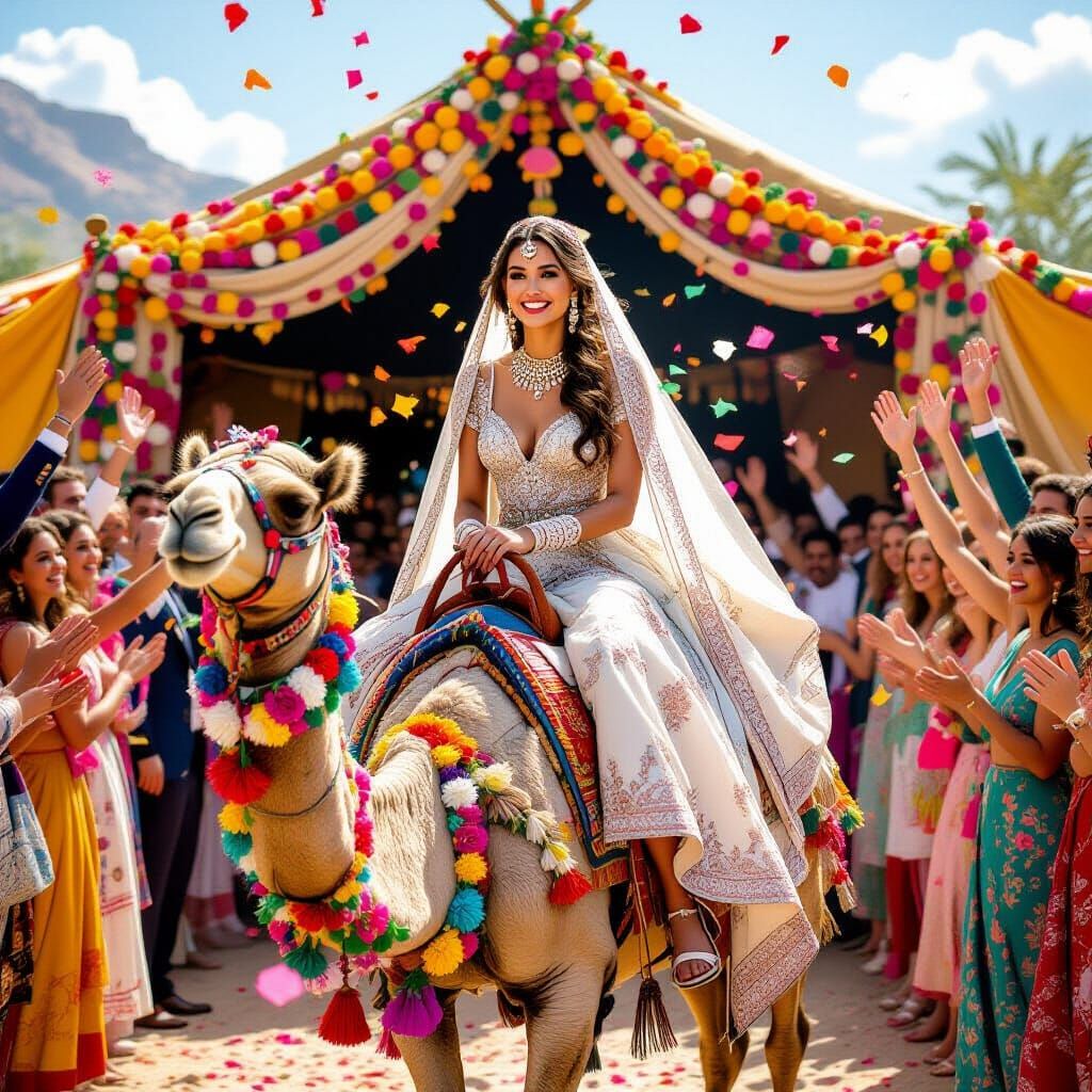 Bride on Camel in Whimsical, Vibrant Illustration Style