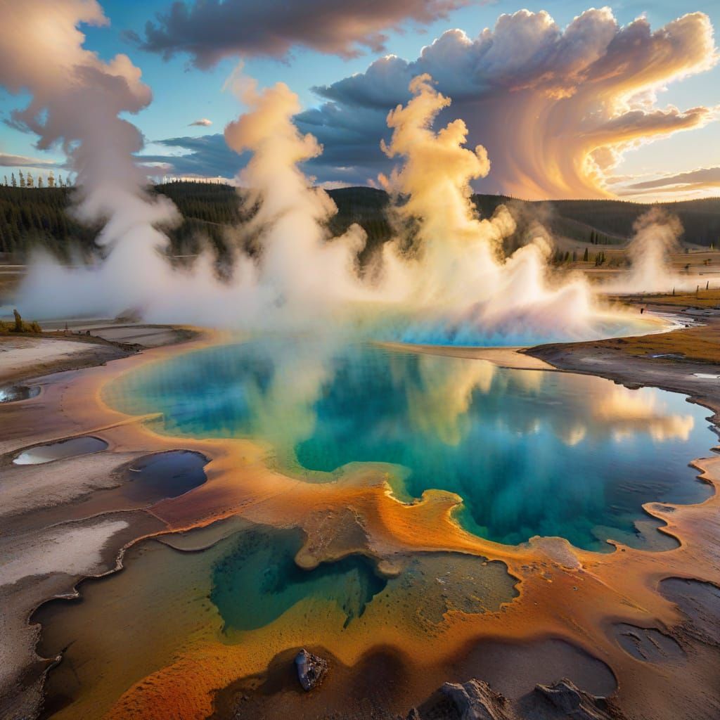 Dreamy Watercolor Landscape of Yellowstone's Rainbow Hot Spr...