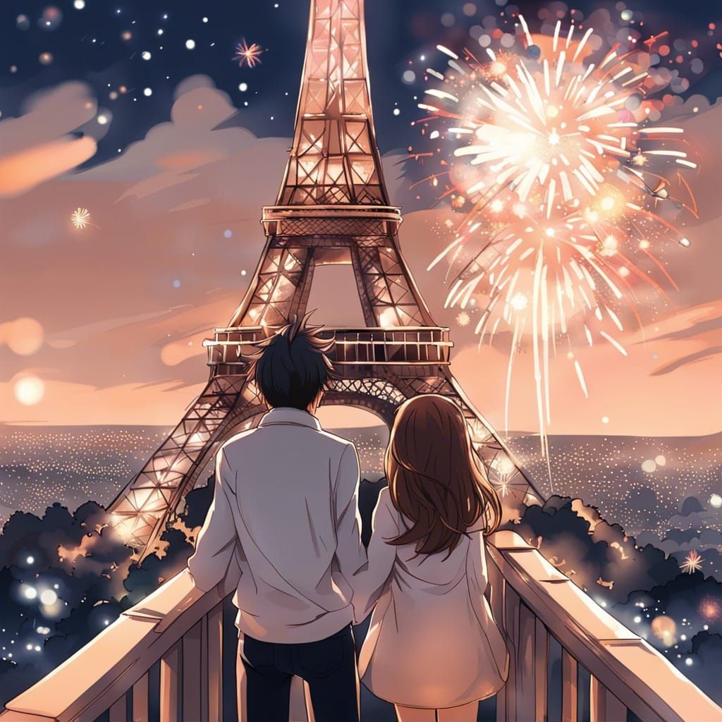 Anime Sketch of Couple Watching Eiffel Tower Fireworks