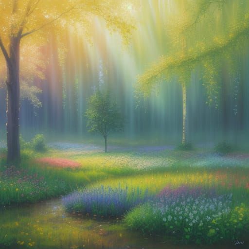 Ethereal Bloom: Divine Light on Dewy Trees