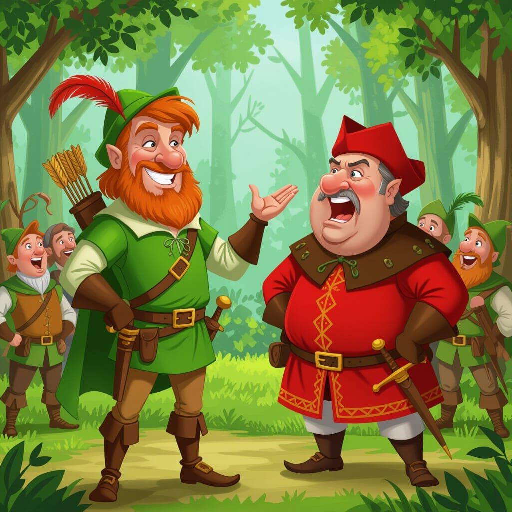 Satirical Medieval Caricature of Robin Hood Mocking Sheriff