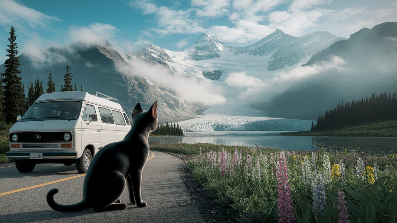 Nomadic Black Cat Looking at Glacial Lake in Alaska