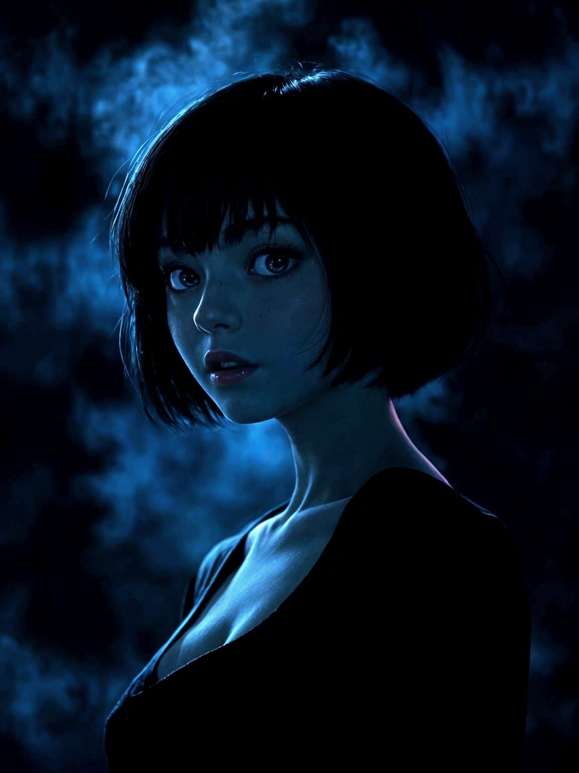 Mysterious Retro Anime Goddess in Deep Darkness