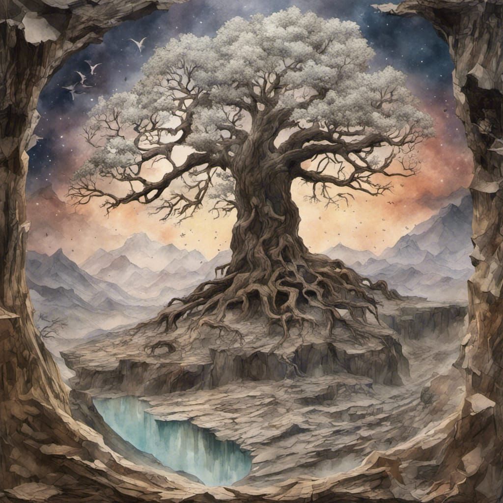 Yggdrasil as 3D Torn Paper Collage