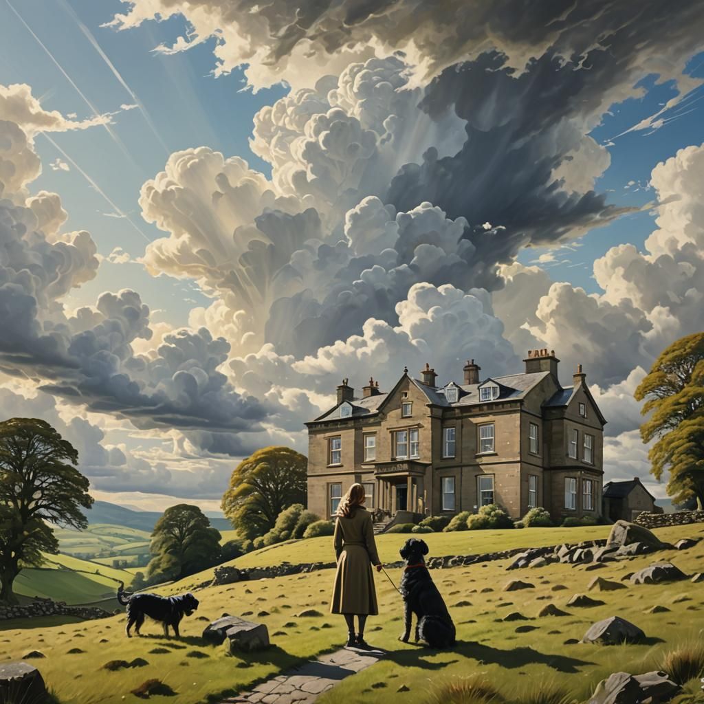 Surreal Yorkshire Dales House with Woman and Dog
